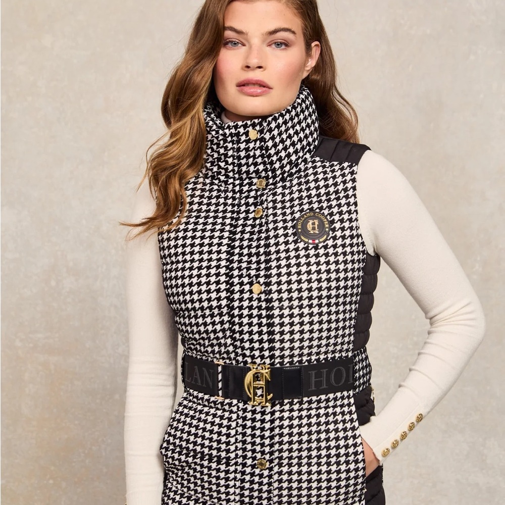 Women's Black and White Houndstooth Puffer Vest
